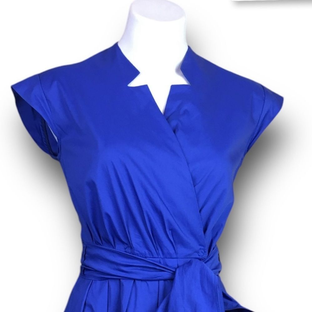 MARELLA Royal Blue Cotton Poplin Blend Notched Neck Wrap Midi Dress Size US 6 - Picture 6 of 14